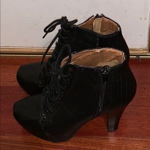 Black faux leather platform heeled boots